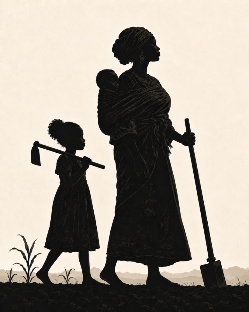 Silhouette of a woman farmer carrying a baby on her back, with a young girl walking beside her holding a small hoe.