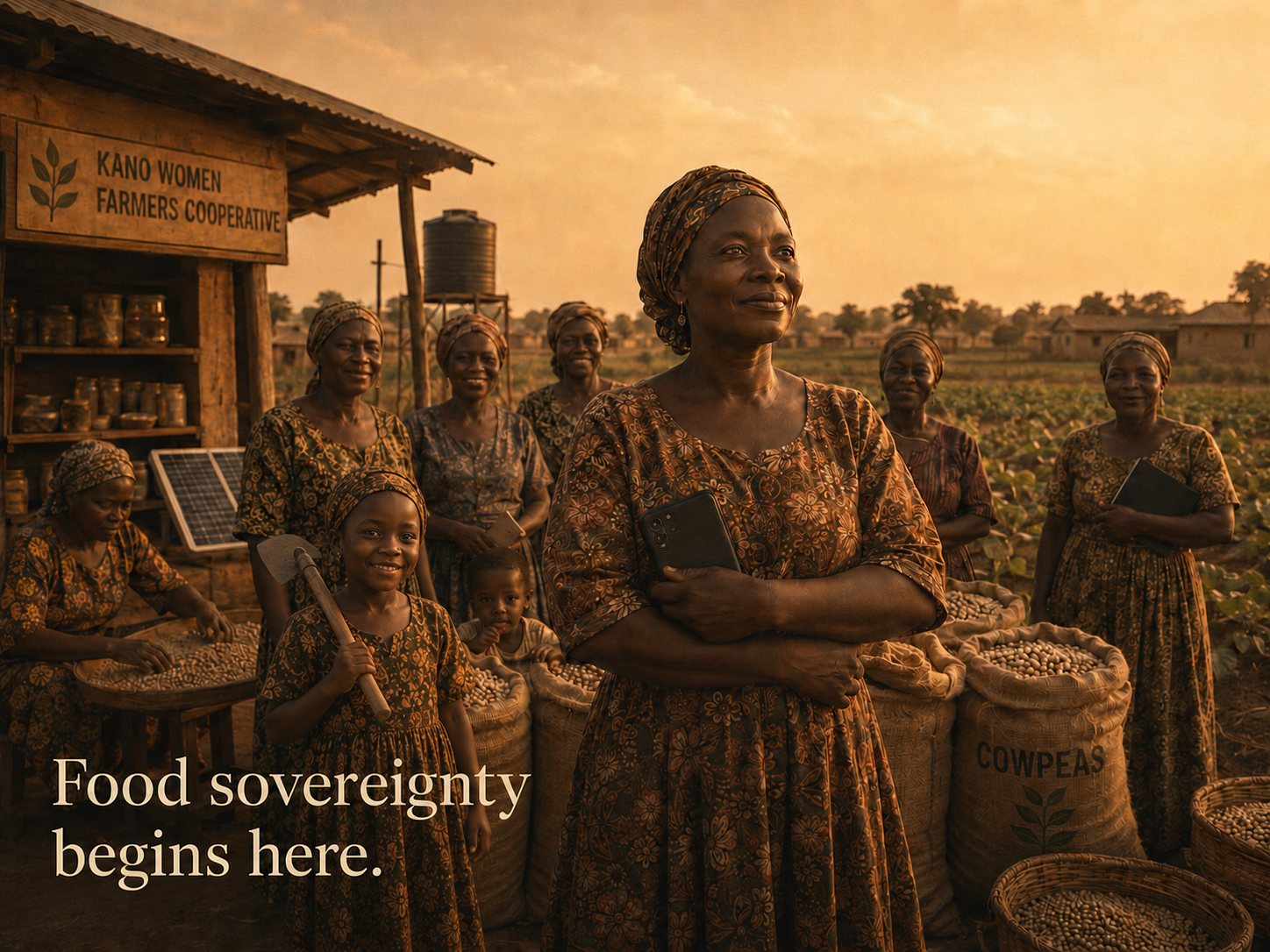 Women farmers in a Kano cooperative standing together with sacks of produce, including a young girl holding a small hoe, with the words “Food sovereignty begins here.”