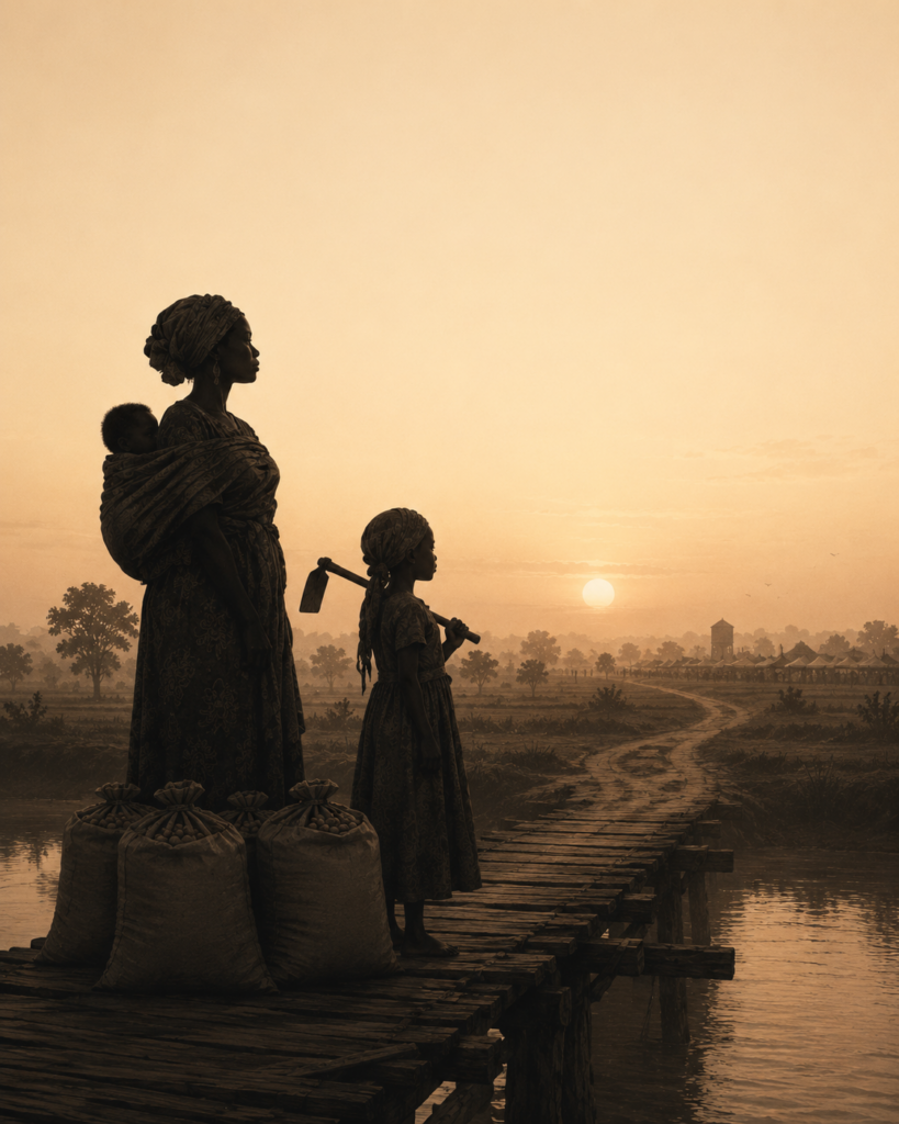 Silhouette of a woman farmer carrying a baby, standing with a young girl holding a hoe beside sacks of cowpeas at the end of a rural bridge.